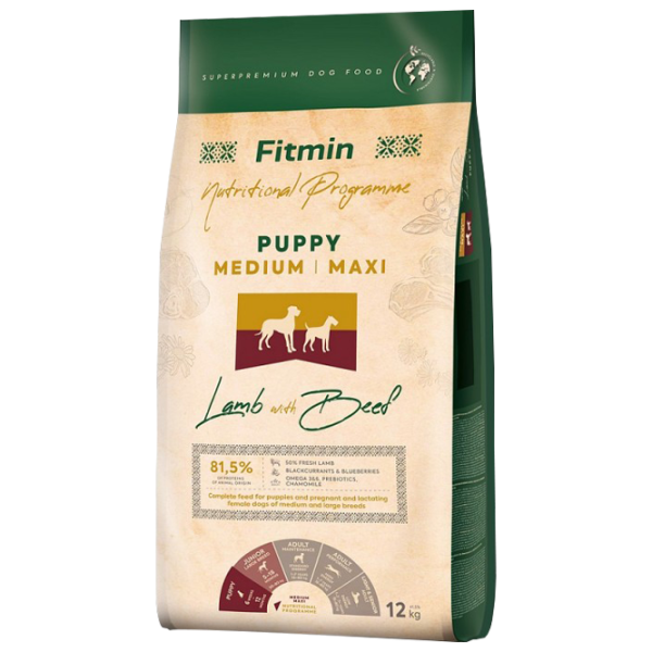 Корм для собак сухой Fitmin Medium-Maxi щенок 12 кг/ Ягненок, говядина photo 1