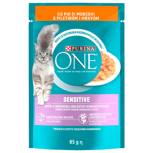 Hrană pentru pisici umedă Purina One Sensitive 73101 85 g/ Găină, morcov photo 1