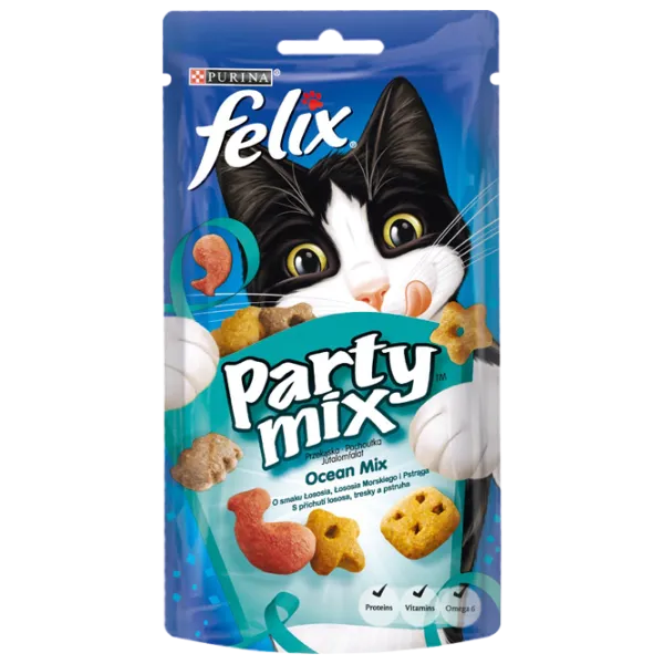 Корм для кошек сухой Purina Felix Party Ocean Mix 72742 0.06 кг/ Лосось, минтай, форель photo 1 Корм для кошек сухой Purina Felix Party Ocean Mix 72742 0.06 кг/ Лосось, минтай, форель photo 1