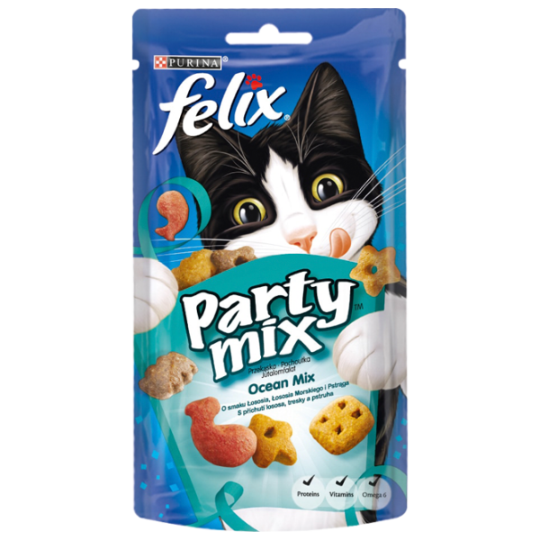 Корм для кошек сухой Purina Felix Party Ocean Mix 72742 0.06 кг/ Лосось, минтай, форель photo 1 Корм для кошек сухой Purina Felix Party Ocean Mix 72742 0.06 кг/ Лосось, минтай, форель photo 1