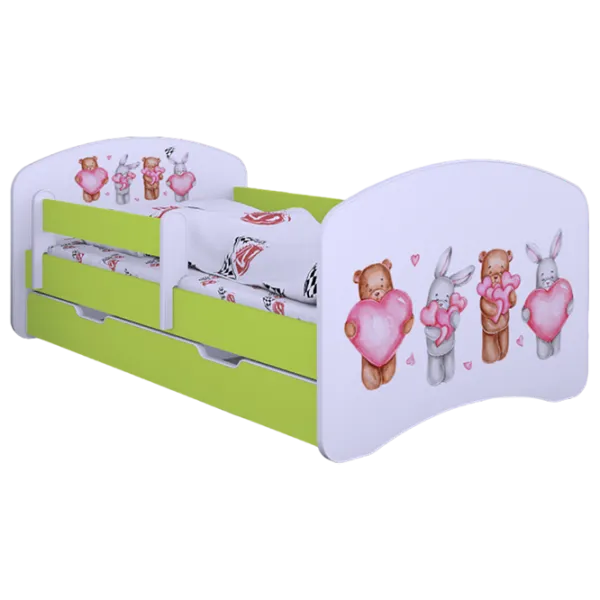 Pat pentru copii Happy Babies Happy Animals with Hearts 70 x 140 cm / Placa / Green photo 1