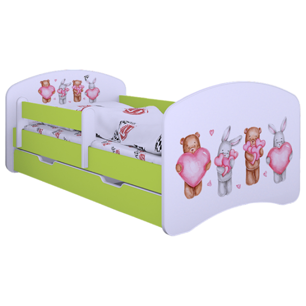 Pat pentru copii Happy Babies Happy Animals with Hearts 70 x 140 cm / Placa / Green photo 1