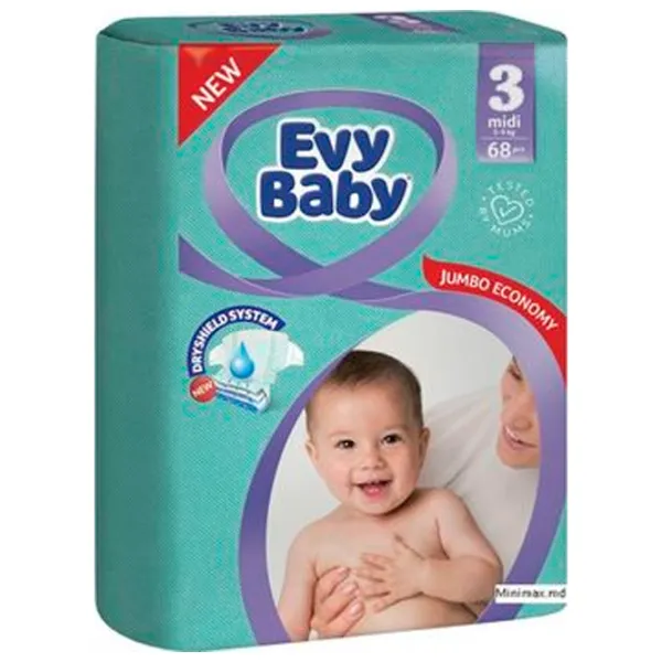 Scutece pentru copii EVY BABY Jumbo Midi 3 5 - 9 kg/ 68 buc. photo 1 Scutece pentru copii EVY BABY Jumbo Midi 3 5 - 9 kg/ 68 buc. photo 1