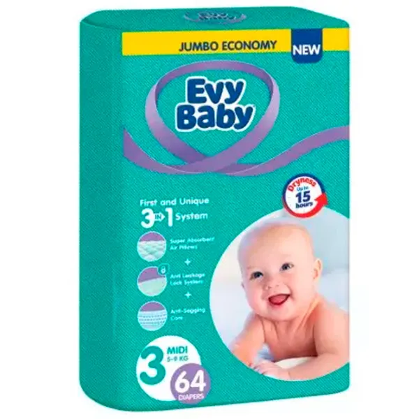 Scutece pentru copii EVY BABY Jumbo Midi 3 5 - 9 kg/ 64 Buc. photo 1 Scutece pentru copii EVY BABY Jumbo Midi 3 5 - 9 kg/ 64 Buc. photo 1