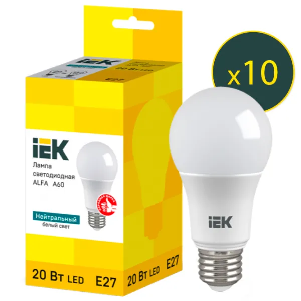 Комплект лампочек светодиодная IEK ALFA A60 LLA-A60-12-230-40-E27 E27/ 12 Вт/ 4000 K/ 1080лм/ White photo 1
