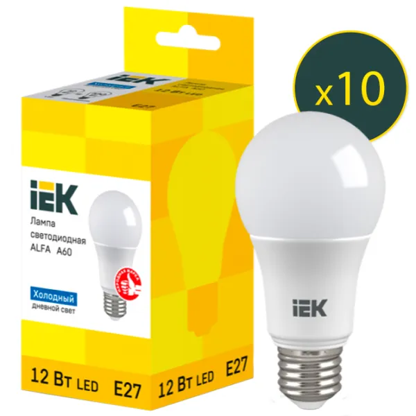 Комплект лампочек светодиодная IEK ALFA A60 LLA-A60-12-230-65-E27 E27/ 12 Вт/ 6500 К/ 1080лм/ White photo 1