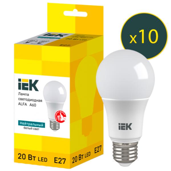 Комплект лампочек светодиодная IEK ALFA A60 LLA-A60-20-230-40-E27 E27/ 20 Вт/ 4000 K/ 1800лм/ White photo 1