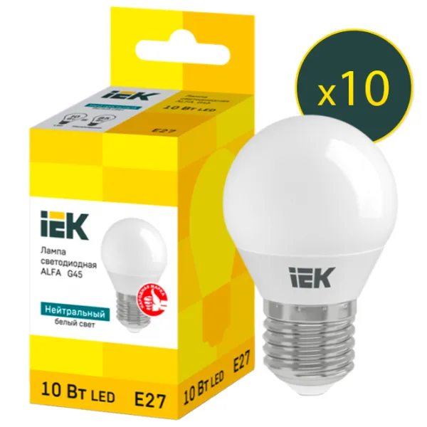 Комплект лампочек светодиодная IEK ALFA G45 LLA-G45-10-230-40-E27 E27/ 10 Вт/ 4000 K/ 900лм/ White photo 1