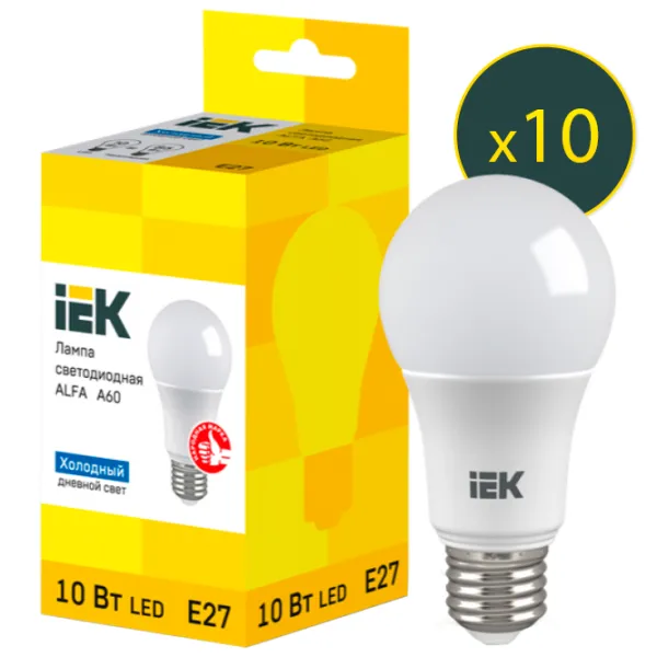 Комплект лампочек светодиодная IEK ALFA A60 LLA-A60-10-230-65-E27 E27/ 10 Вт/ 6500 К/ 900лм/ White photo 1