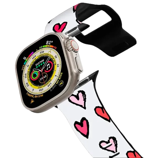 Curelușă Apple Watch Ultra 2 Impact Band Romantic Girly Pink Red Sketched Hearts Pattern on White 38, 40, 41 mm/ Black Multicolor photo 1
