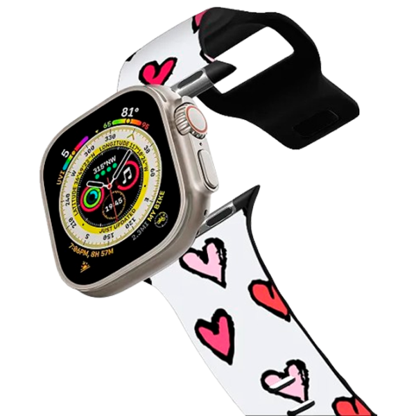 Curelușă Apple Watch Ultra 2 Impact Band Romantic Girly Pink Red Sketched Hearts Pattern on White 38, 40, 41 mm/ Black Multicolor photo 1