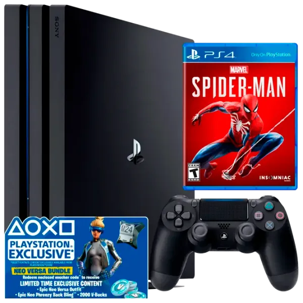 Sony Playstation 4 PRO + Fortnite Neo Versa Bundle + Marvel's Spider Man  / Black photo 1 Sony Playstation 4 PRO + Fortnite Neo Versa Bundle + Marvel's Spider Man  / Black photo 1