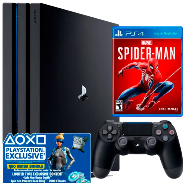 Sony Playstation 4 PRO + Fortnite Neo Versa Bundle + Marvel's Spider Man  / Black photo 1 Sony Playstation 4 PRO + Fortnite Neo Versa Bundle + Marvel's Spider Man  / Black photo 1