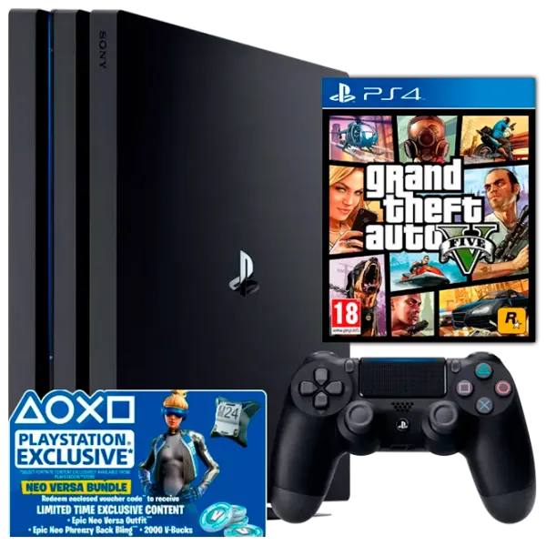 Sony Playstation 4 PRO + Fortnite Neo Versa Bundle + GTA V  / Black photo 1 Sony Playstation 4 PRO + Fortnite Neo Versa Bundle + GTA V  / Black photo 1