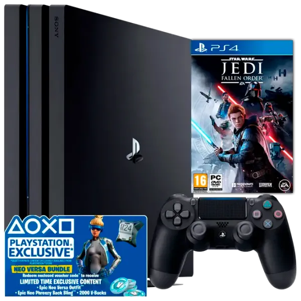 Sony Playstation 4 PRO + Fortnite Neo Versa Bundle + Star Wars Jedi Fallen Order  / Black photo 1 Sony Playstation 4 PRO + Fortnite Neo Versa Bundle + Star Wars Jedi Fallen Order  / Black photo 1