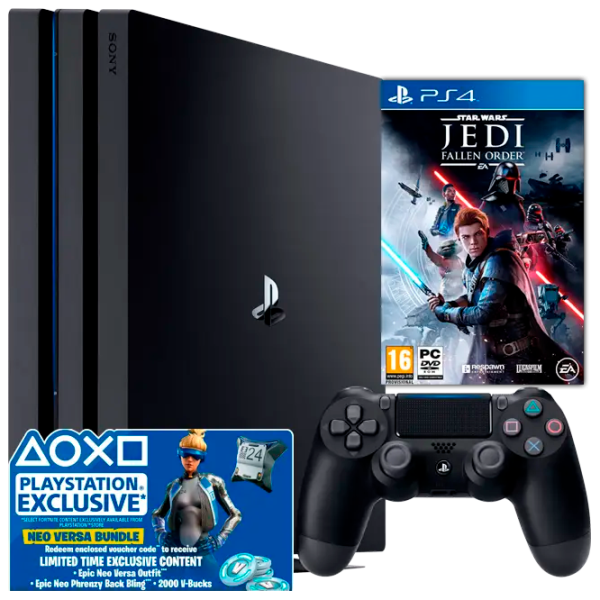 Sony Playstation 4 PRO + Fortnite Neo Versa Bundle + Star Wars Jedi Fallen Order  / Black photo 1 Sony Playstation 4 PRO + Fortnite Neo Versa Bundle + Star Wars Jedi Fallen Order  / Black photo 1