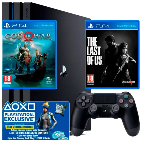 Sony Playstation 4 PRO + Fortnite Neo Versa Bundle + The Last of Us + God of War  / Black photo 1 Sony Playstation 4 PRO + Fortnite Neo Versa Bundle + The Last of Us + God of War  / Black photo 1