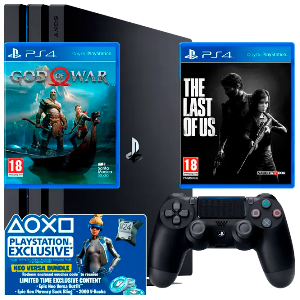 Sony Playstation 4 PRO + Fortnite Neo Versa Bundle + The Last of Us + God of War  / Black photo 1 Sony Playstation 4 PRO + Fortnite Neo Versa Bundle + The Last of Us + God of War  / Black photo 1