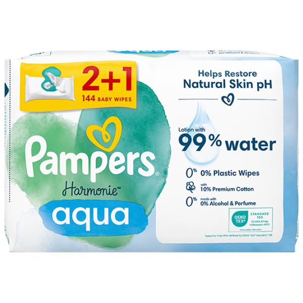 Șervețele umede Pampers Harmonie Aqua 3 x 48 pentru bebeluși photo 1
