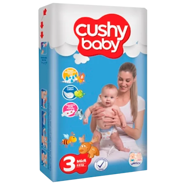 Scutece pentru copii Cushy Baby Midi 3 4 - 9 kg/ 70 buc. photo 1 Scutece pentru copii Cushy Baby Midi 3 4 - 9 kg/ 70 buc. photo 1