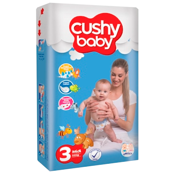 Scutece pentru copii Cushy Baby Midi 3 4 - 9 kg/ 70 buc. photo 1 Scutece pentru copii Cushy Baby Midi 3 4 - 9 kg/ 70 buc. photo 1