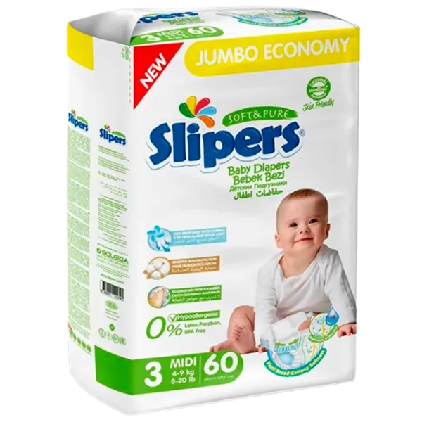 Подгузники для детей Slipers Midi 3 4 - 9 кг/ 60 шт. photo 1 Подгузники для детей Slipers Midi 3 4 - 9 кг/ 60 шт. photo 1