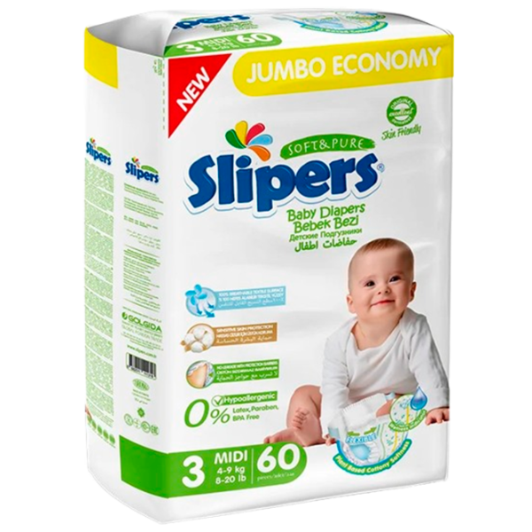 Подгузники для детей Slipers Midi 3 4 - 9 кг/ 60 шт. photo 1 Подгузники для детей Slipers Midi 3 4 - 9 кг/ 60 шт. photo 1