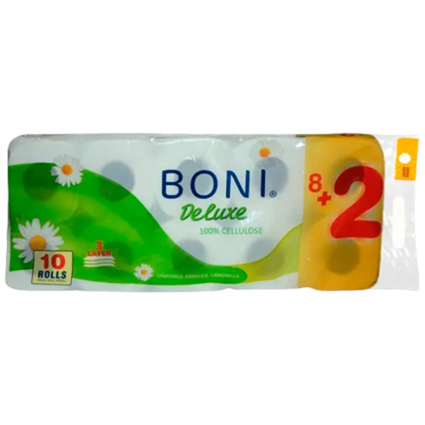 Туалетная бумага BONI Deluxe Chamomile Количество в наборе - 10/ Количество слоев - 3 photo 1 Туалетная бумага BONI Deluxe Chamomile Количество в наборе - 10/ Количество слоев - 3 photo 1