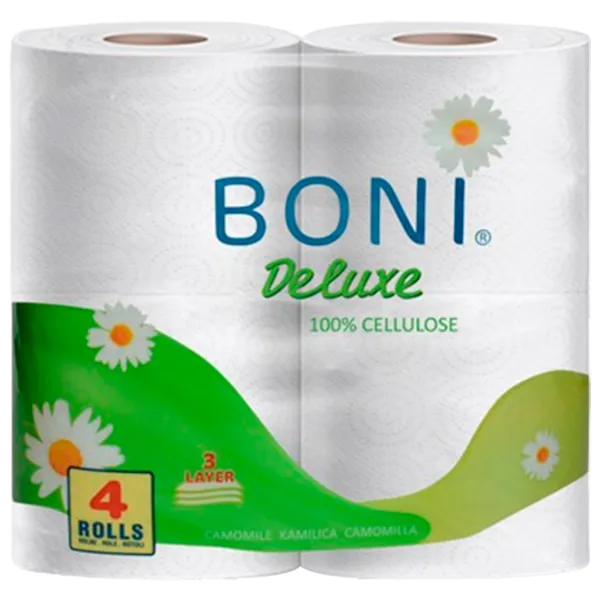 Туалетная бумага BONI Deluxe Camomile Количество в наборе - 4/ Количество слоев - 3 photo 1 Туалетная бумага BONI Deluxe Camomile Количество в наборе - 4/ Количество слоев - 3 photo 1