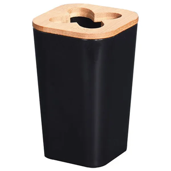 Pahar pentru periuțe de dinți Bathroom Solutions Square with lid Bambus/ Black/ Pe masă photo 1
