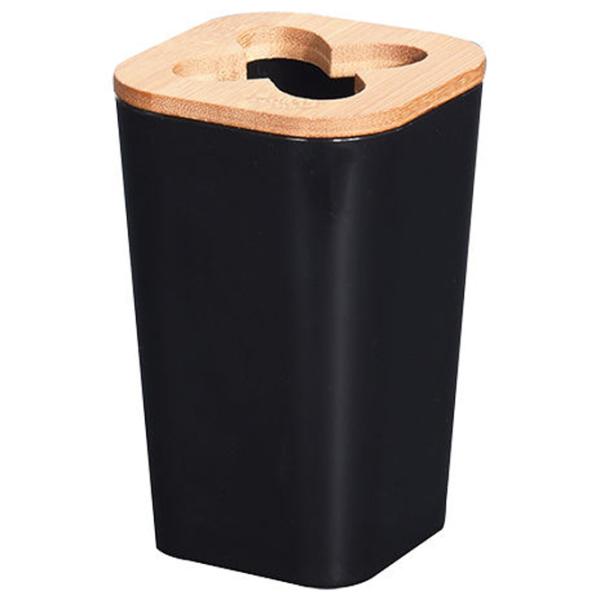 Pahar pentru periuțe de dinți Bathroom Solutions Square with lid Bambus/ Black/ Pe masă photo 1