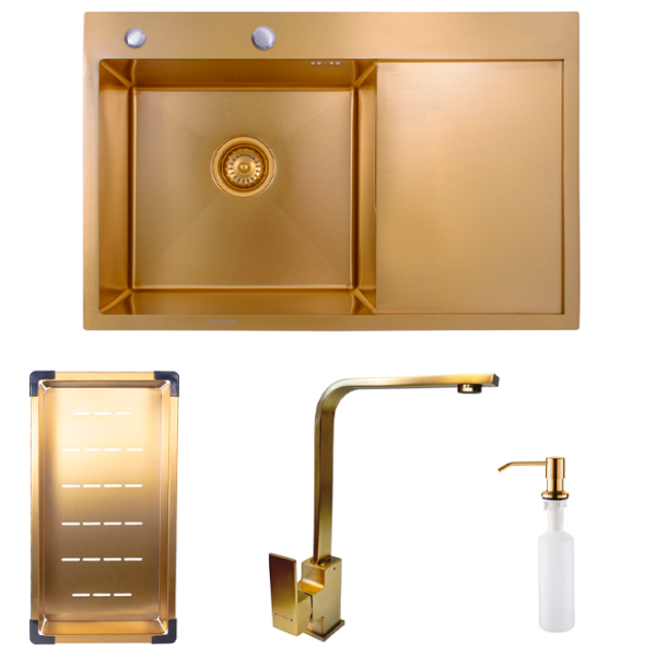 Chiuvetă SanDonna HD7850 + Baterie 78 x 50 / Oțel inoxidabil / Gold photo 1