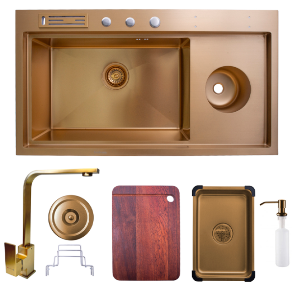 Chiuvetă SanDonna HD9250 + Baterie 92 x 50 / Oțel inoxidabil / Gold photo 1