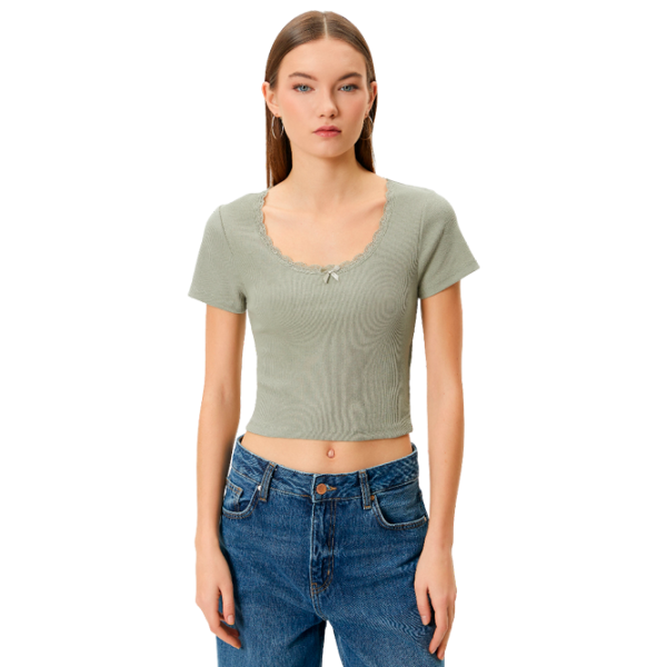 Tricou pentru femei Koton 4SAL10229IK 97% Bumbac/ Khaki photo 1