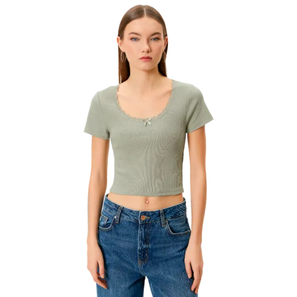 Tricou pentru femei Koton 4SAL10229IK 97% Bumbac/ Khaki photo 1