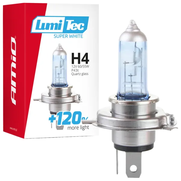 Lampă auto Amio LumiTec Super White +120% Halogen / H4 / P43t / 60 - 55 W /  photo 1 Lampă auto Amio LumiTec Super White +120% Halogen / H4 / P43t / 60 - 55 W /  photo 1