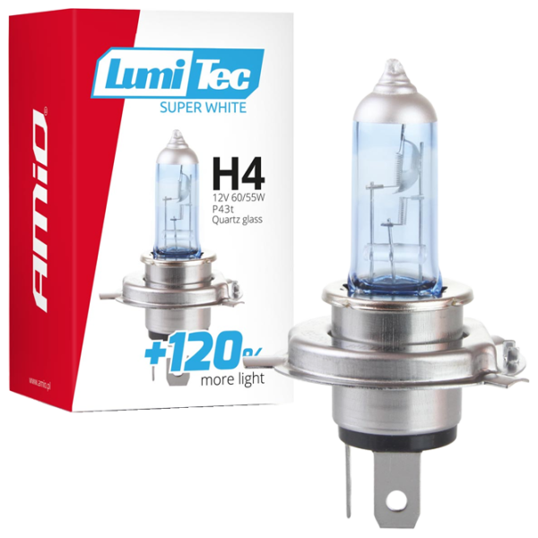 Lampă auto Amio LumiTec Super White +120% Halogen / H4 / P43t / 60 - 55 W /  photo 1 Lampă auto Amio LumiTec Super White +120% Halogen / H4 / P43t / 60 - 55 W /  photo 1