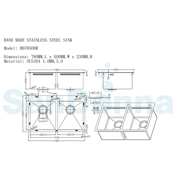 Chiuvetă SanDonna HD7850 double 78 x 50 / Oțel inoxidabil / Copper photo 4