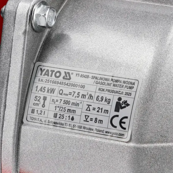 Motopompă Yato YT85420 7500 l/h 1450 W / Benzină photo 10