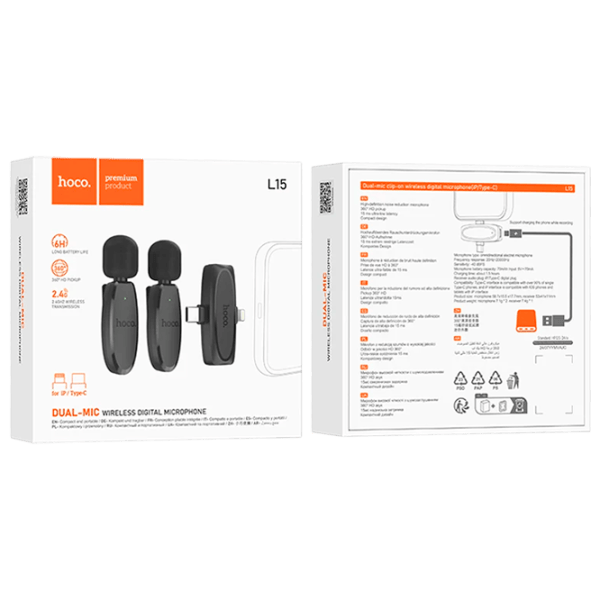 Микрофон Hoco L15 Dual-Mic Clip-On Wireless Черный photo 4