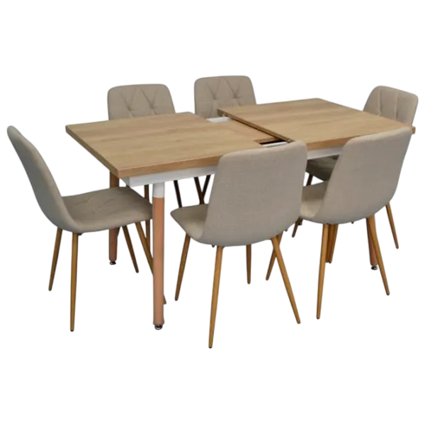 Обеденные стол со стульями Evelin DT 433-4WO + 6 YTC-080Wo Прямоугольная / ДСП / Light Beige photo 1