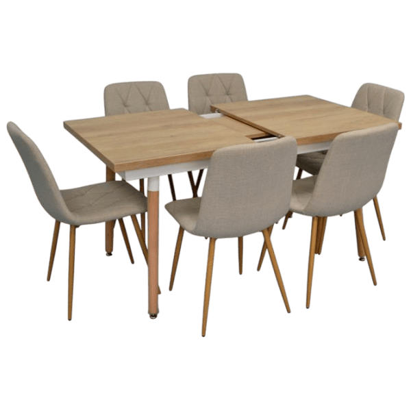 Обеденные стол со стульями Evelin DT 433-4WO + 6 YTC-080Wo Прямоугольная / ДСП / Light Beige photo 1