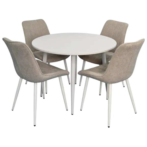Обеденные стол со стульями Evelin DT 402-5Wh + 4 YTC-055Wh Круглая / ДСП / Светло Серый photo 1