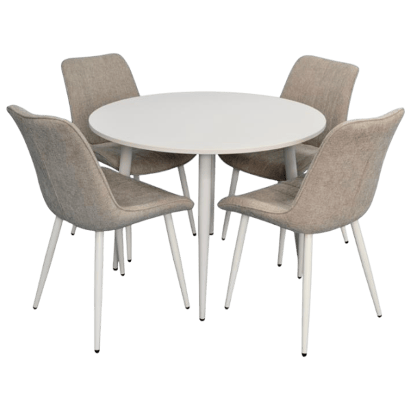Обеденные стол со стульями Evelin DT 402-5Wh + 4 YTC-055Wh Круглая / ДСП / Светло Серый photo 1