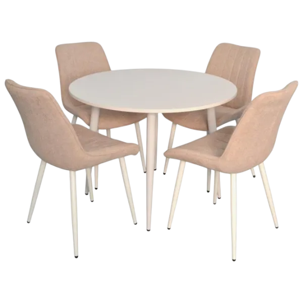 Обеденные стол со стульями Evelin DT 402-5Wh + 4 YTC-055Wh Круглая / ДСП / Light Beige photo 1