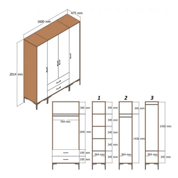 Dulap pentru haine Trendy Kumsal PTR 160 x 47.5 x 201.4 / PAL melaminat / Walnut photo 2