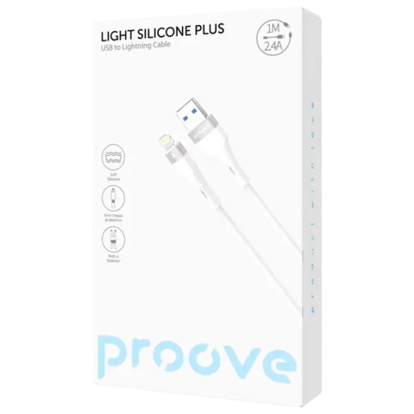Cablu pentru telefon Light Silicone Plus Proove USB + Lightning 1 m / White photo 3