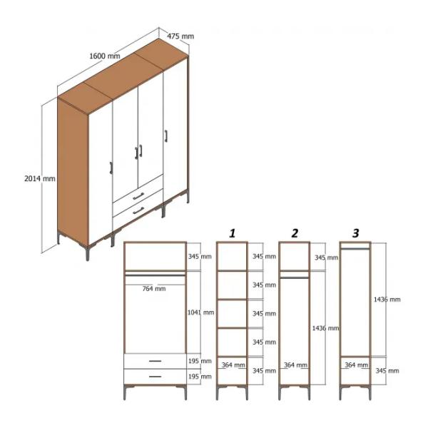 Dulap pentru haine Trendy Kumsal STS 160 x 47.5 x 201.4 / PAL melaminat / Walnut photo 2
