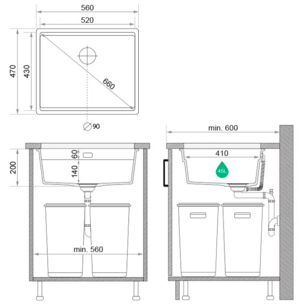 Кухонная мойка PRIMAGRAN PRAGUE 60 Level Undermount 47 x 46 / Гранит / Черный photo 6