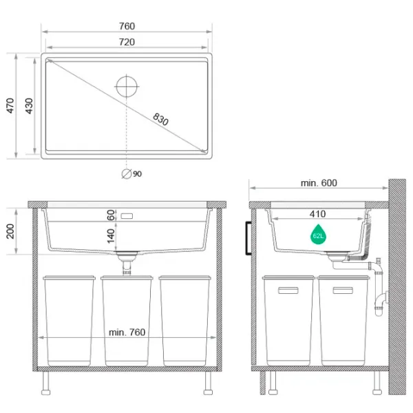 Кухонная мойка PRIMAGRAN PRAGUE 80 Level Undermount 47 x 76 / Гранит / Черный photo 6